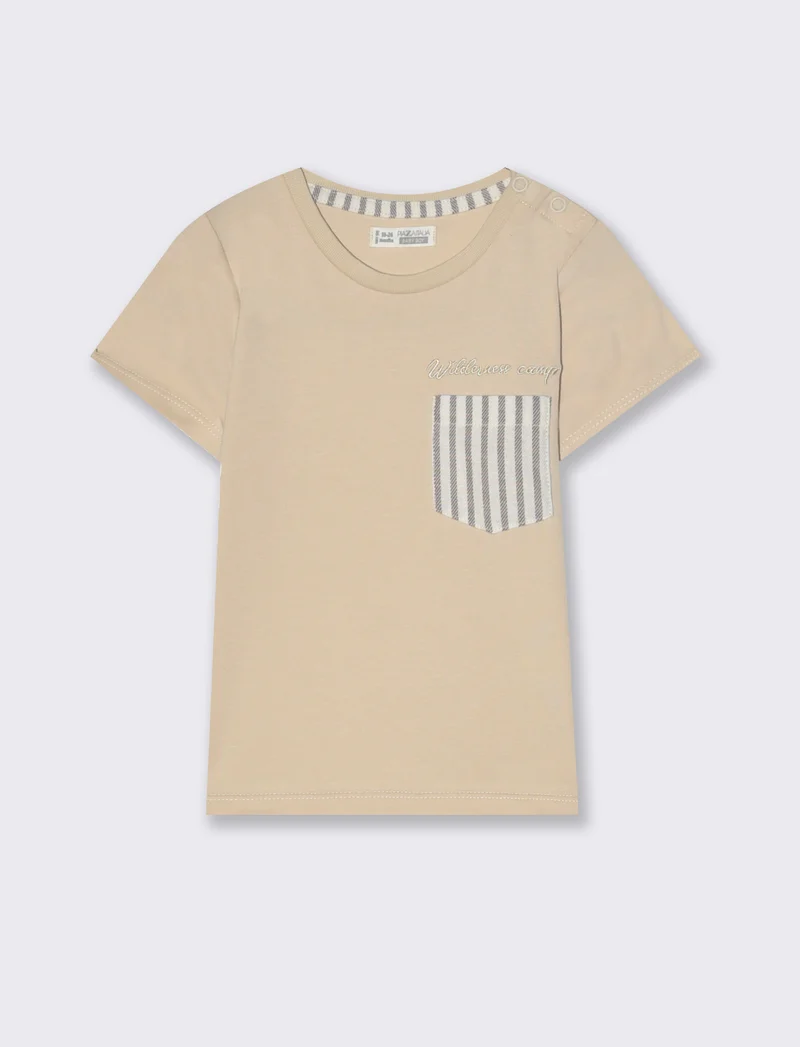 T-shirt con taschino a righe da neonato - Beige