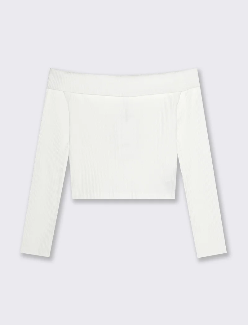 T-shirt in costina con scollo a barca da bambina - Bianco latte