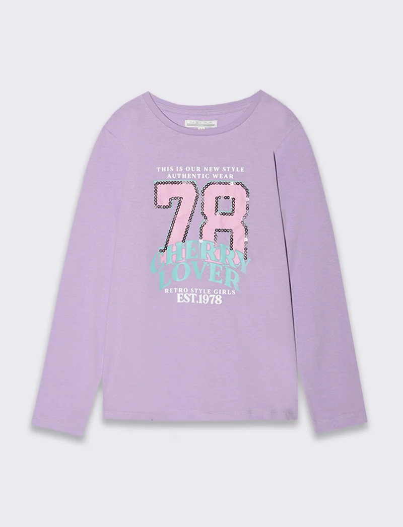 T-shirt manica lunga stampata da bambina - Lilla