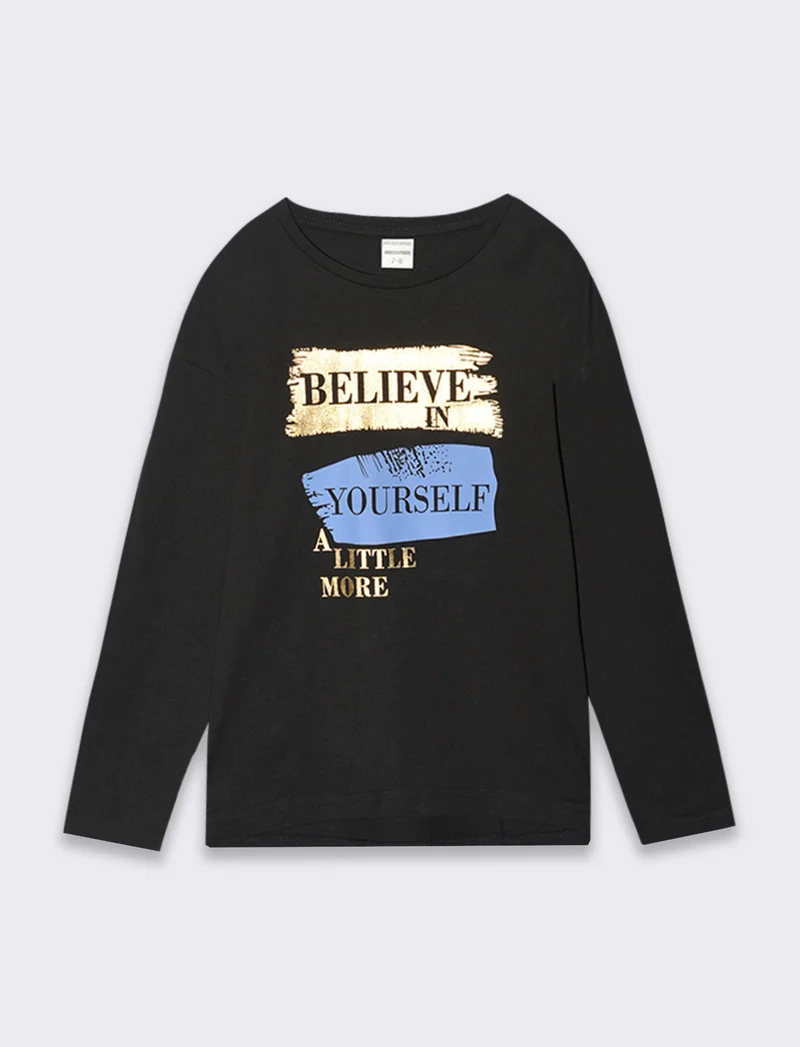 T-shirt girocollo con stampa lucida da bambina - Nero