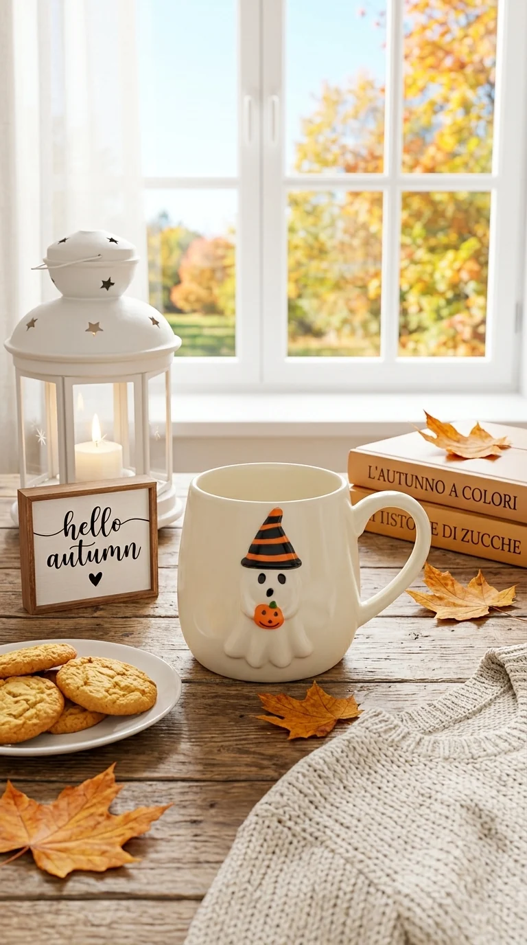 Tazza Mug di Halloween in Gres Goffrata con Fantasmino e Zucca