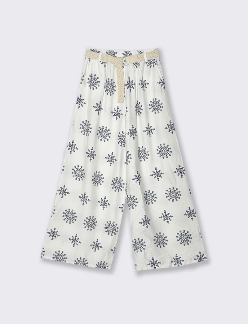 Pantalone palazzo stampato con cintura - Bianco