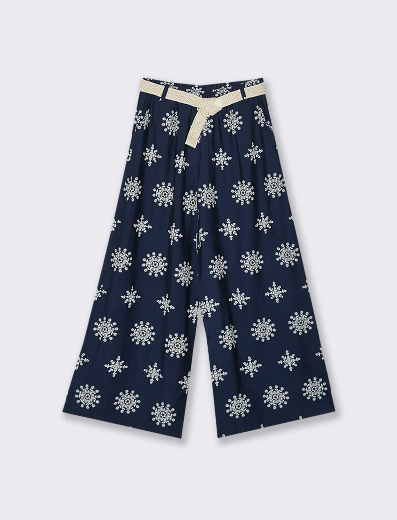 Pantalone palazzo stampato con cintura - Blu
