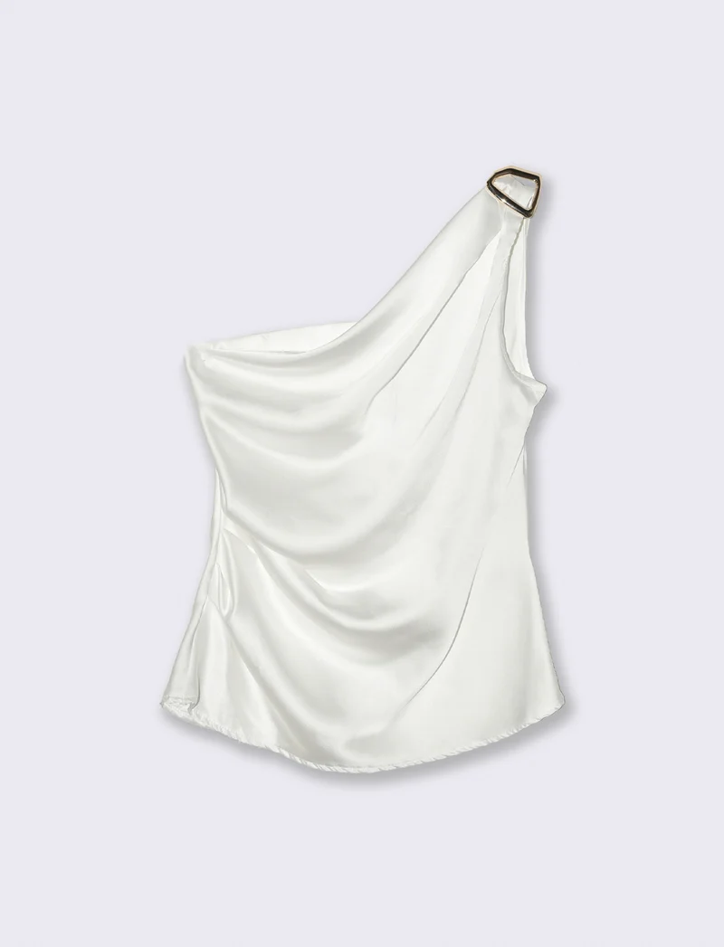 Top raso monospalla con accessorio - Bianco