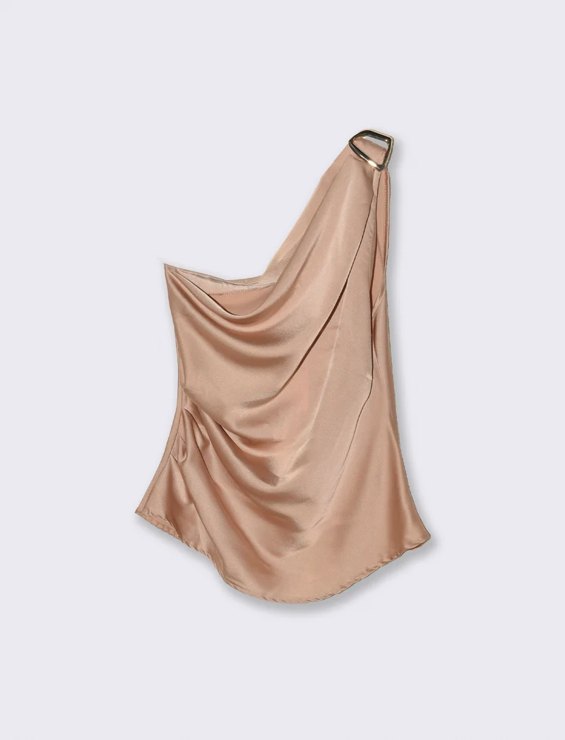 Top raso monospalla con accessorio - Beige champagne