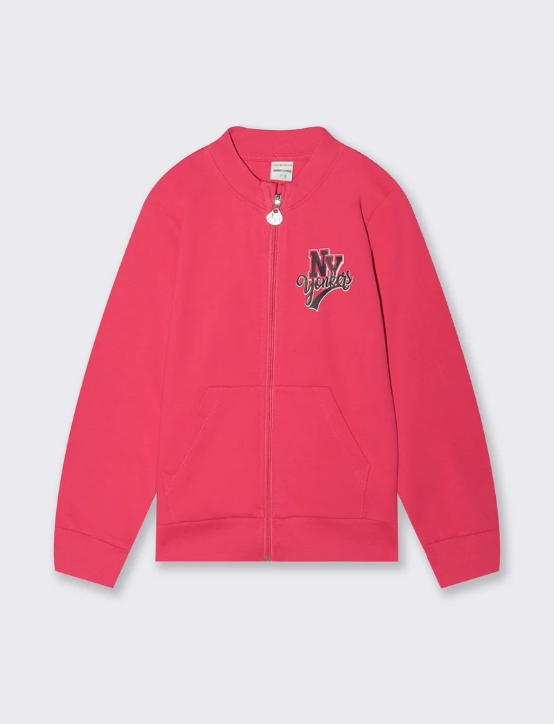 Felpa in cotone con zip e tasca marsupio - Fuxia