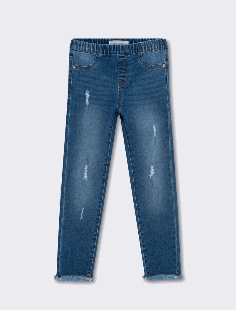 Leggings in denim elastico con rotture da bambina - Denim