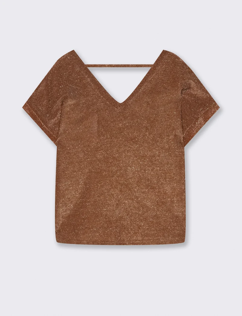 TSHIRT IN TESSUTO LUREX CON SCOLLO A V - Marrone tabacco