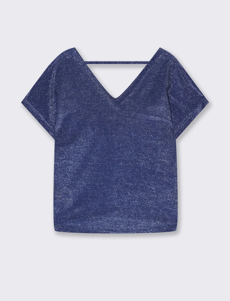TSHIRT IN TESSUTO LUREX CON SCOLLO A V - Blu