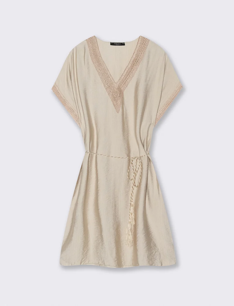 Vestito con cintura e passamaneria - Beige