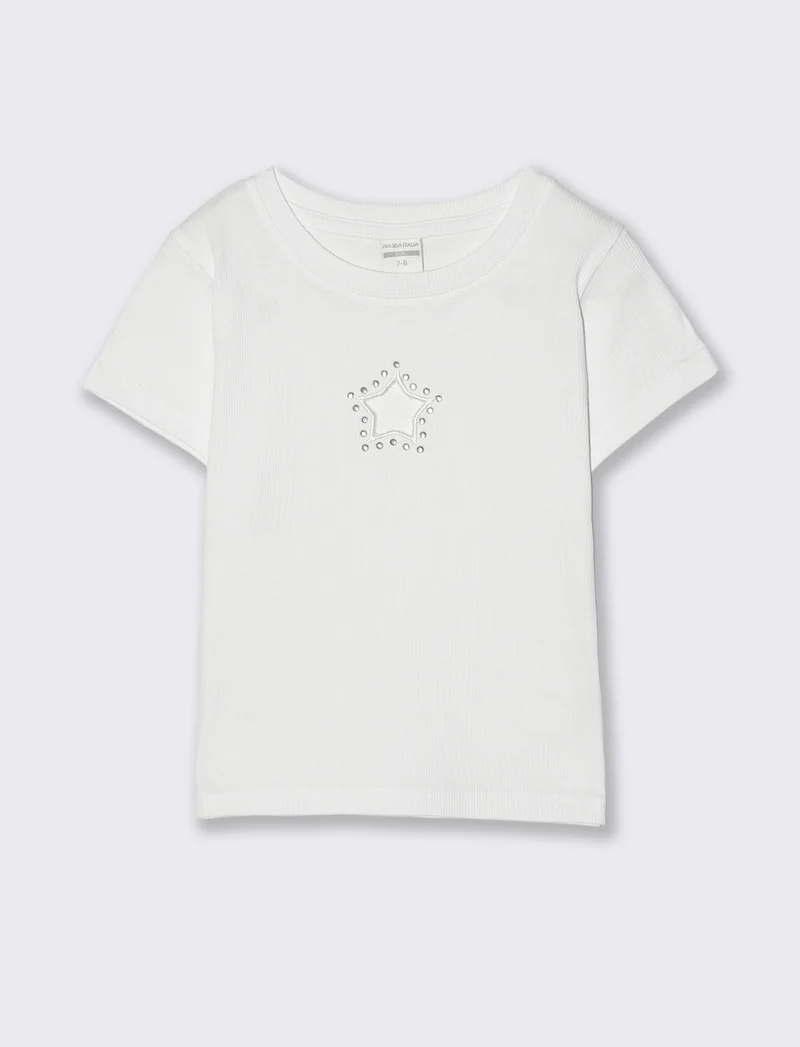 T-shirt in costina con stella e strass - Bianco