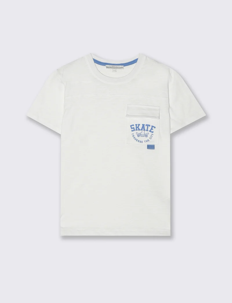 T-shirt mezza manica con tasca e stampa - Bianco