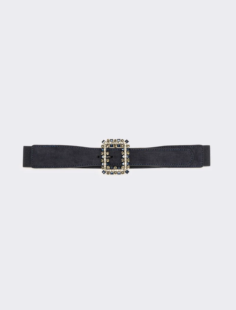 Cintura donna elastica fibbia quadrata con pietre - Blu