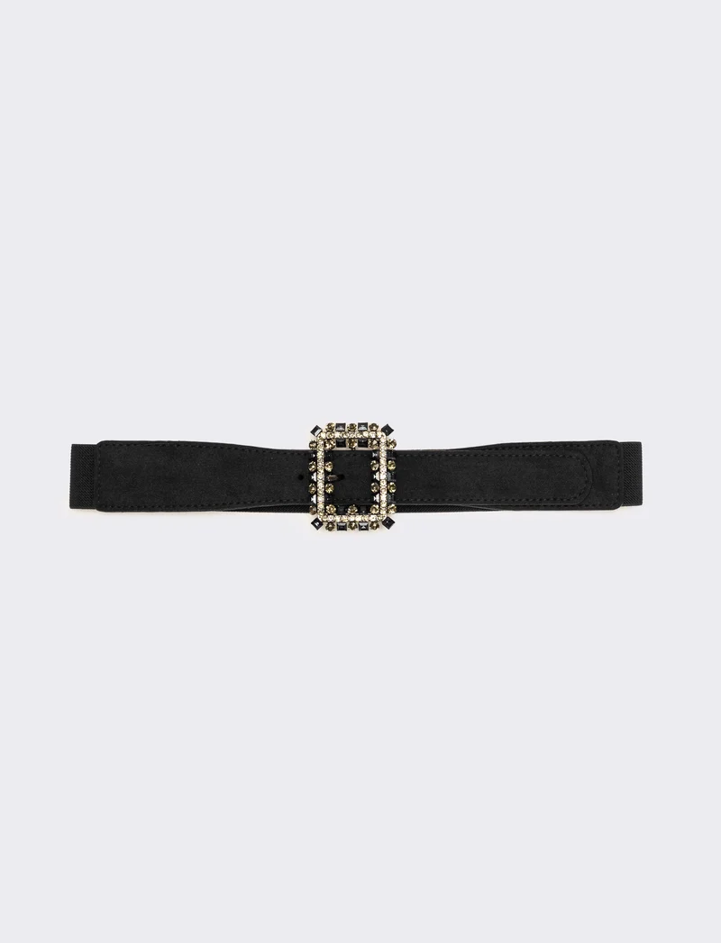 Cintura donna elastica fibbia quadrata con pietre - Nero