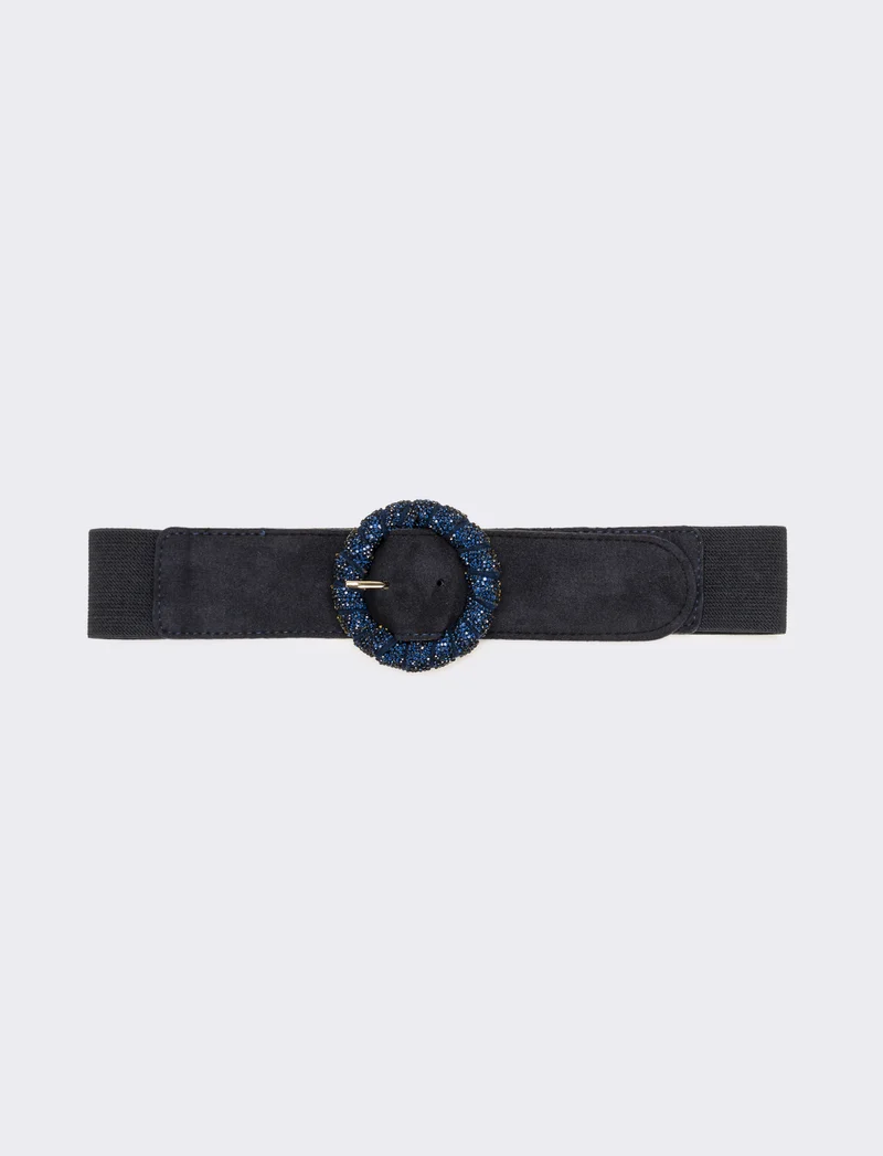 Cintura donna elastica fibbia rotonda con pietre - Blu