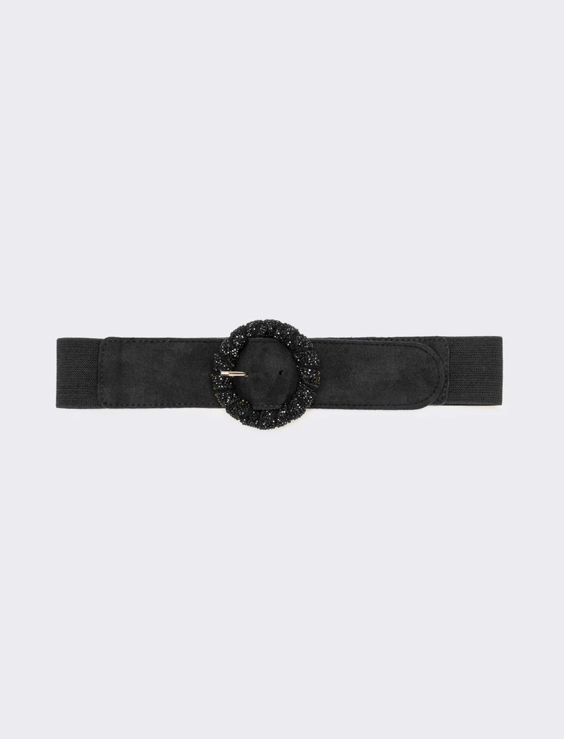 Cintura donna elastica fibbia rotonda con pietre - Nero