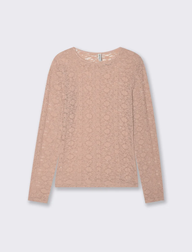 T-Shirt in Pizzo Manica Lunga Giro Collo - Rosa chiaro