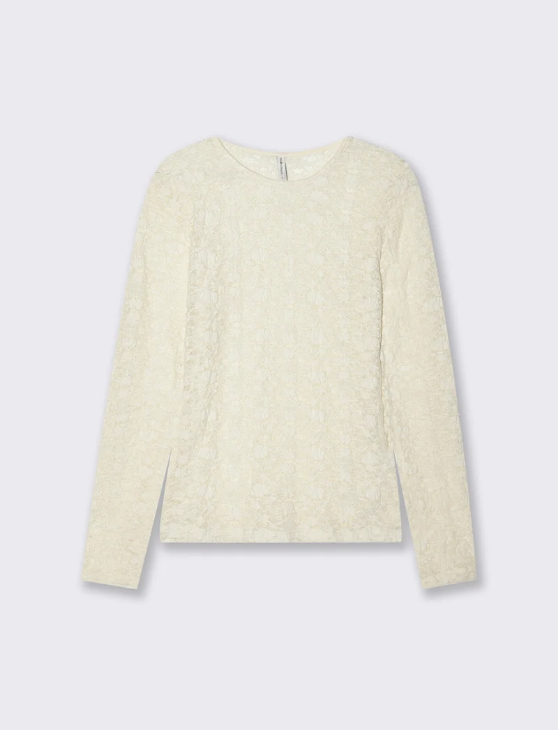 T-Shirt in Pizzo Manica Lunga Giro Collo - Avorio