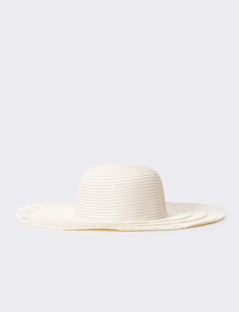 Cappello donna a falda larga con frange in raffia - Bianco