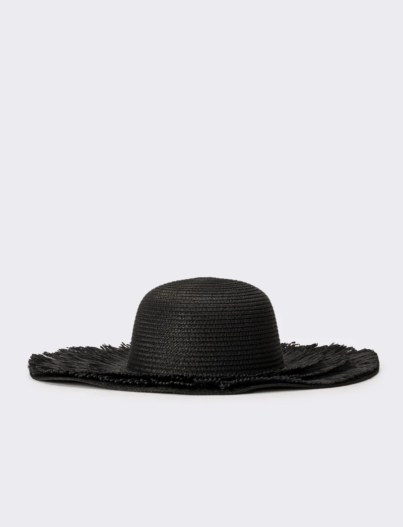 Cappello donna a falda larga con frange in raffia - Nero