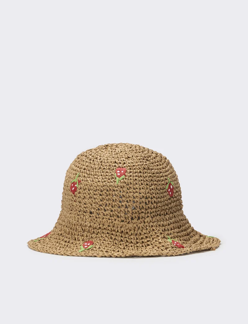 Cappello bambina pescatore con applicazioni fiori e frutta - Rosso