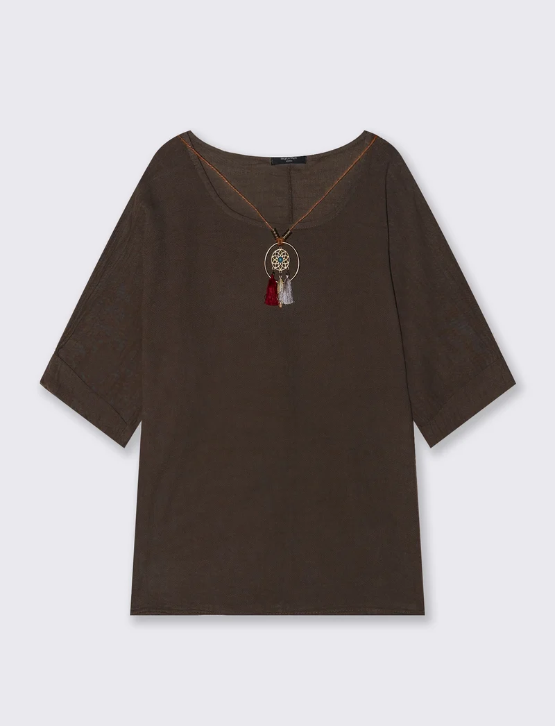 Casacca over con collana in cotone e lino - Moro