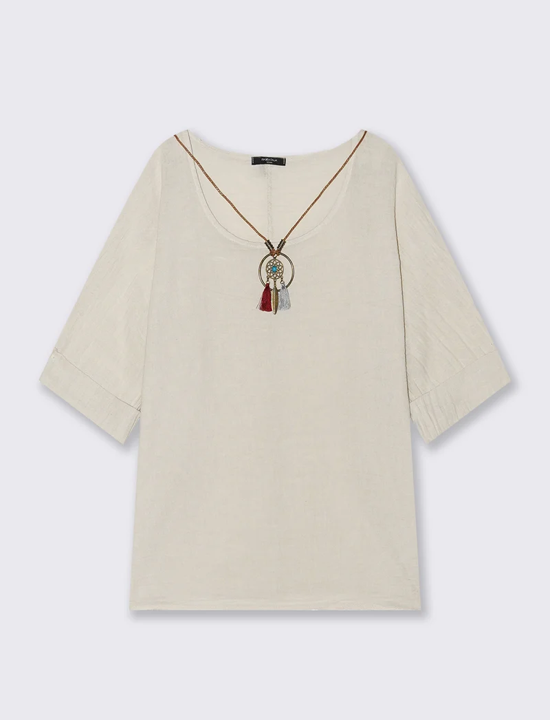 Casacca over con collana in cotone e lino - Beige
