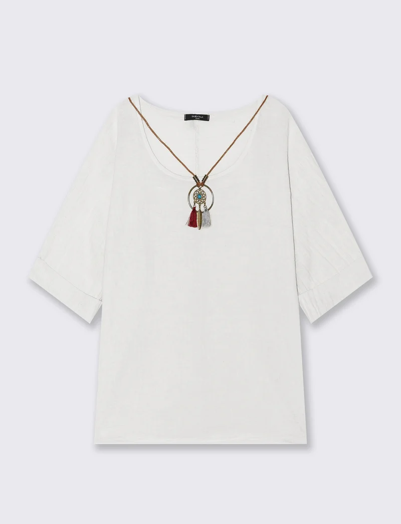 Casacca over con collana in cotone e lino - Bianco