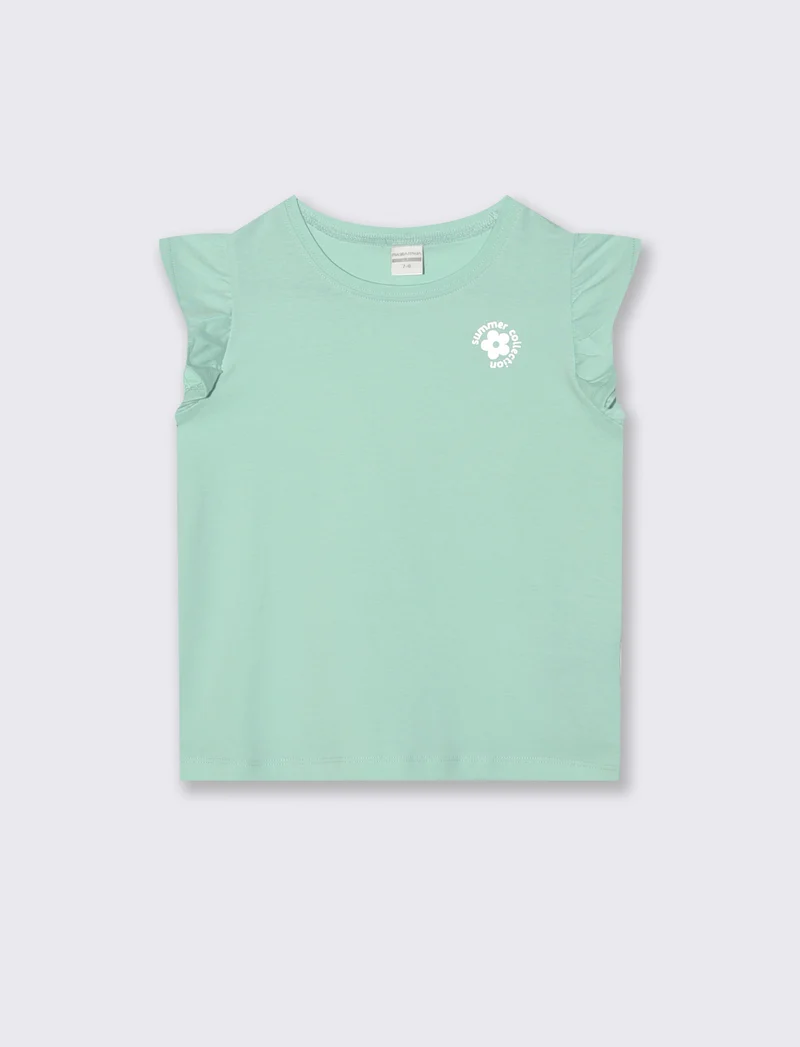 T-shirt mezza manica con volant e stampa lucida - Verde acqua
