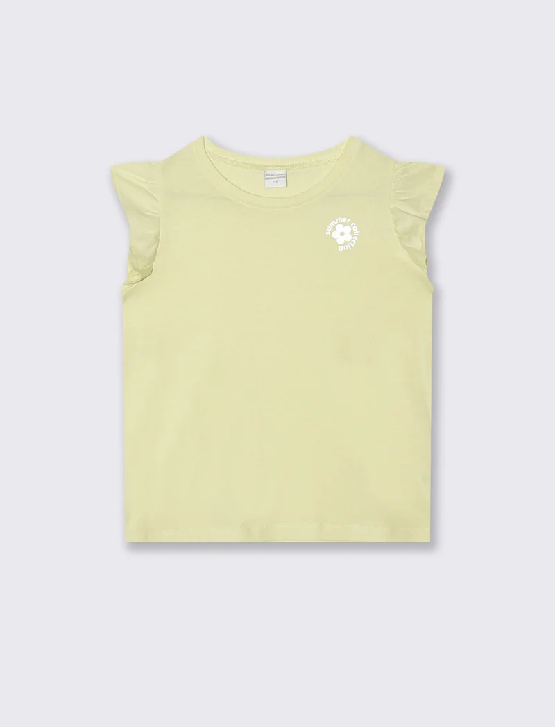 T-shirt mezza manica con volant e stampa lucida - Giallo