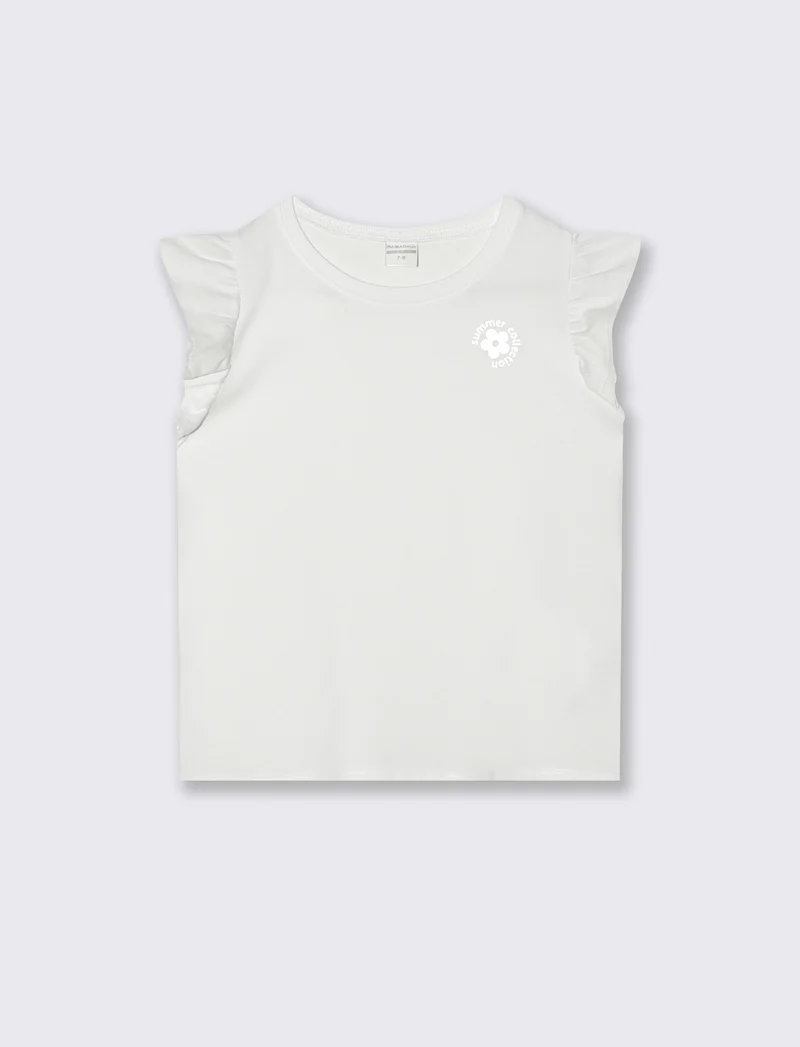 T-shirt mezza manica con volant e stampa lucida - Bianco