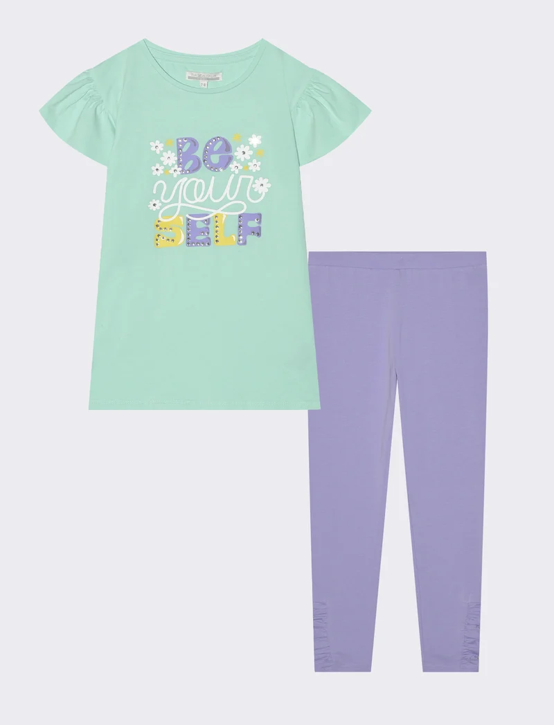 Completo estivo bambina con strass e paillettes - Verde acqua