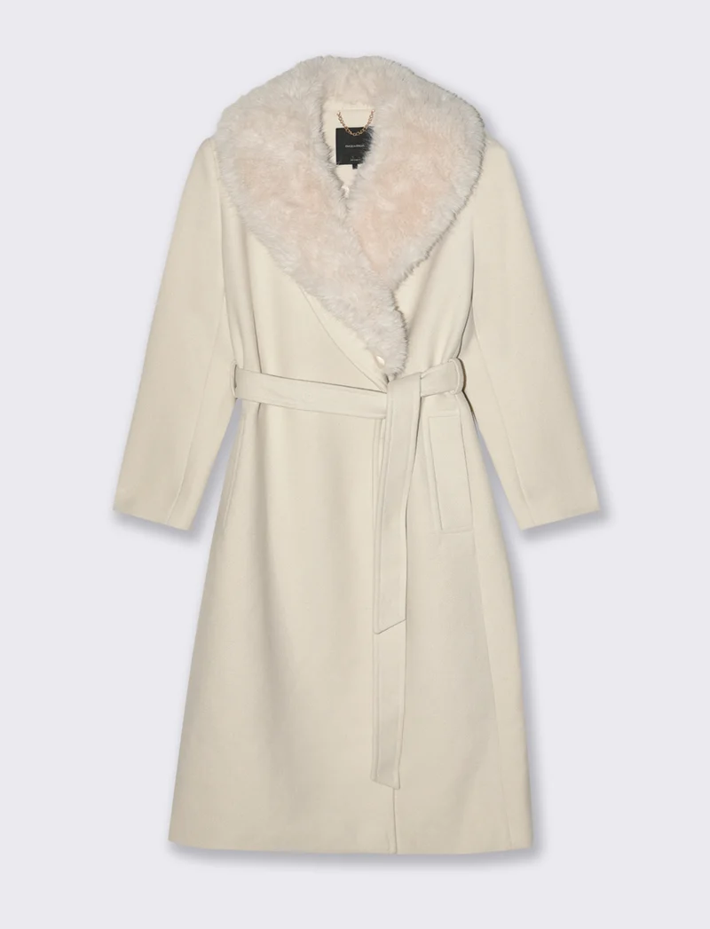 CAPPOTTO LUNGO CON COLLO IN FINTA PELLICCIA - Bianco gesso