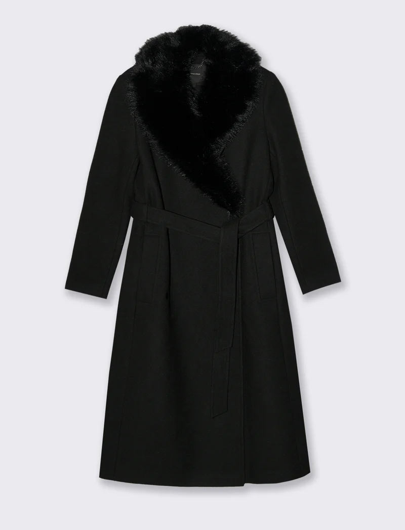 CAPPOTTO LUNGO CON COLLO IN FINTA PELLICCIA - Nero