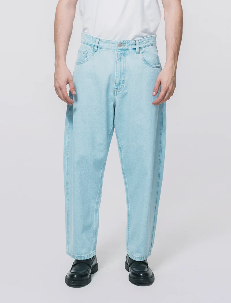Jeans Tapered Wide Leg Effetto Slavato - Denim chiaro