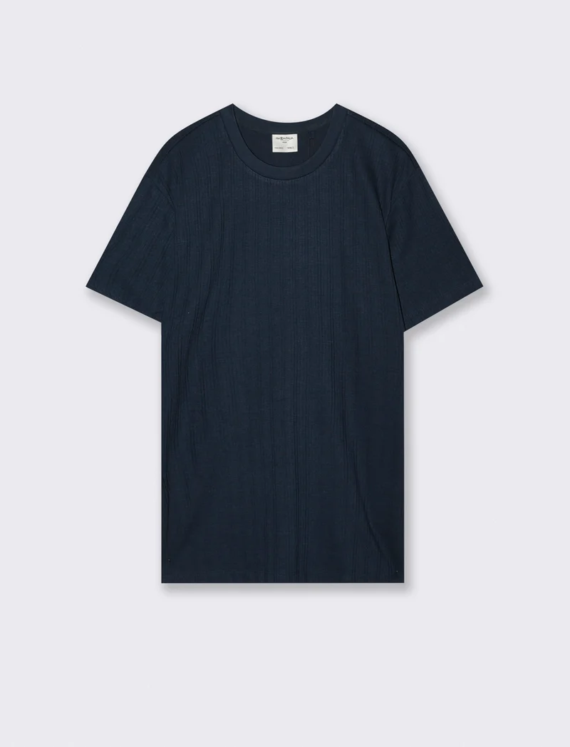 T-shirt a coste effetto maglia girocollo - Blu