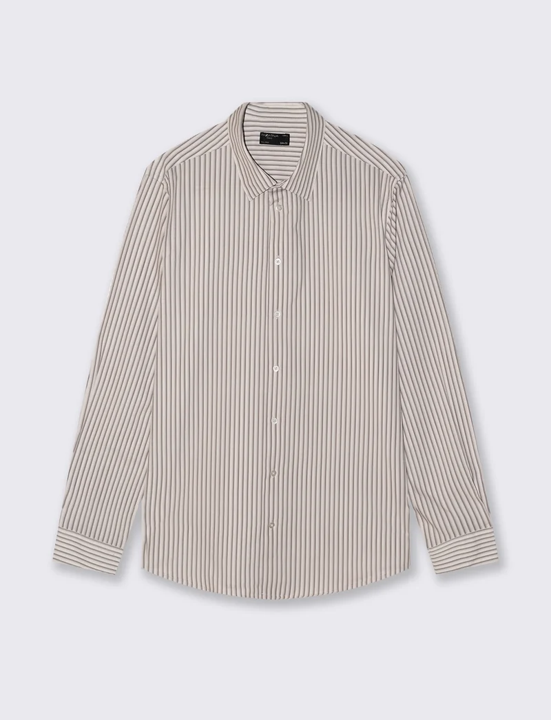 Camicia slim fit a righe in tessuto tecnico - Beige