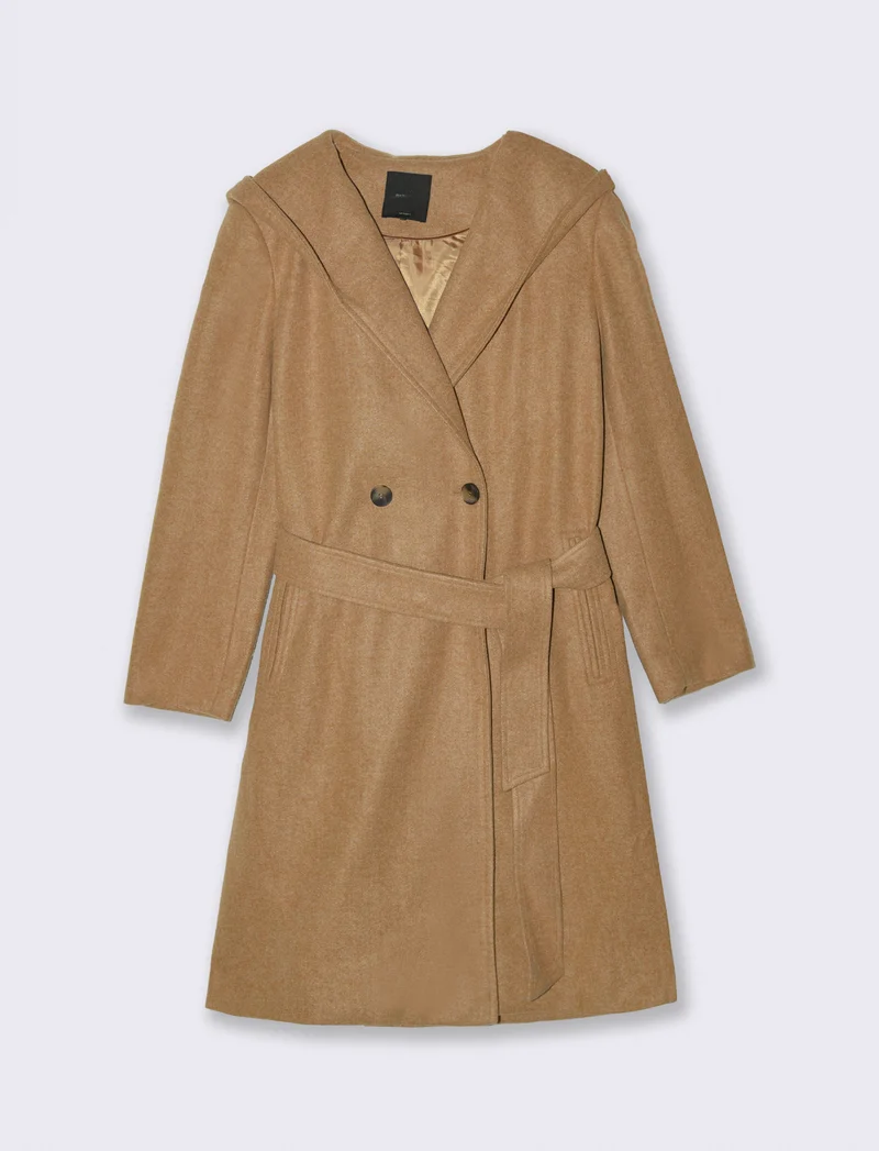 CAPPOTTO CON CAPPUCCIO E CINTA - Cammello