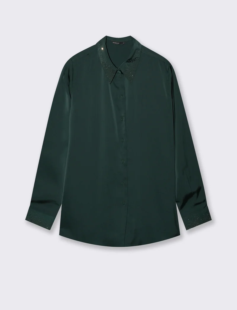 CAMICIA IN SATIN CON STRASS - Verde bosco