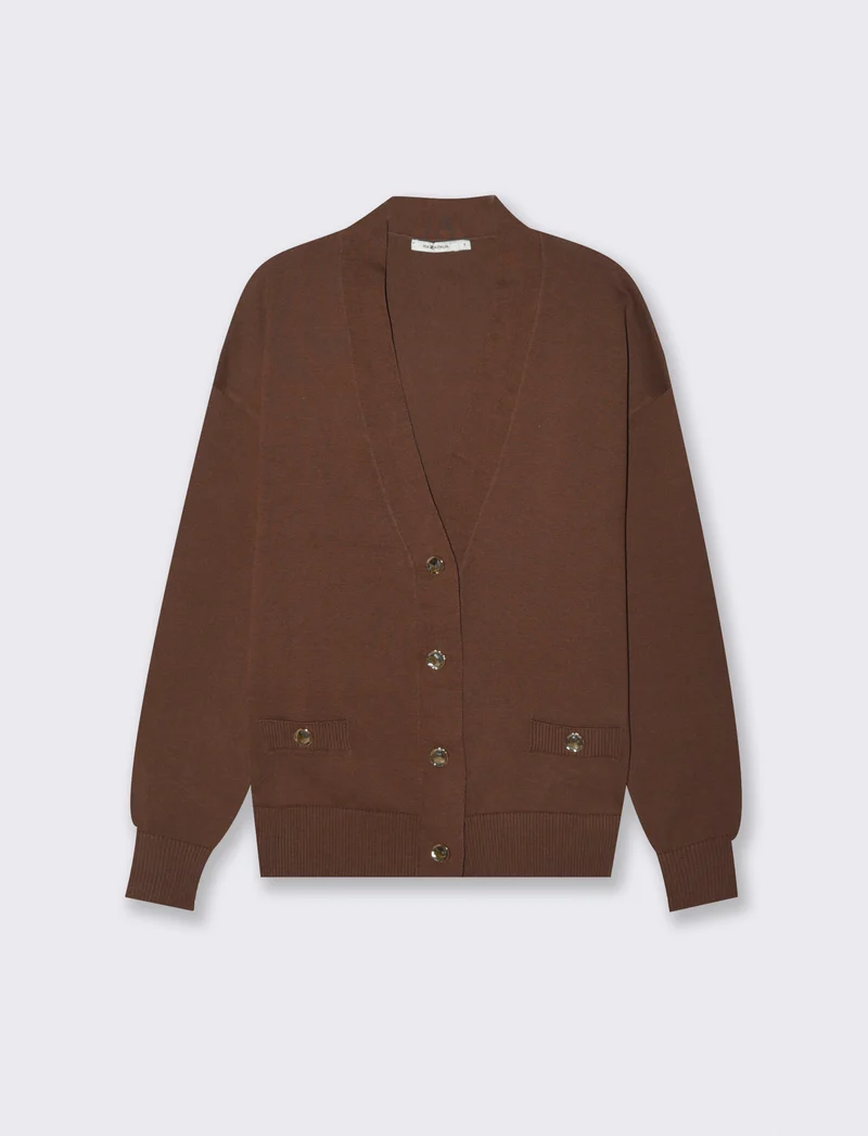 Cardigan Manica Lunga con Bordi Contrastanti - Marrone