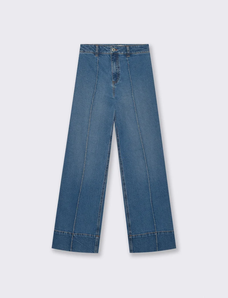 Jeans Gamba Larga con Vita Alta - Denim