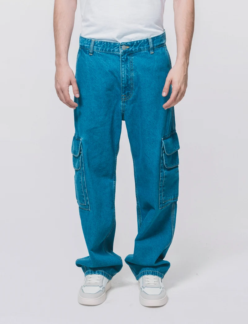 Jeans Baggy Cargo con Tasche Patta - Denim