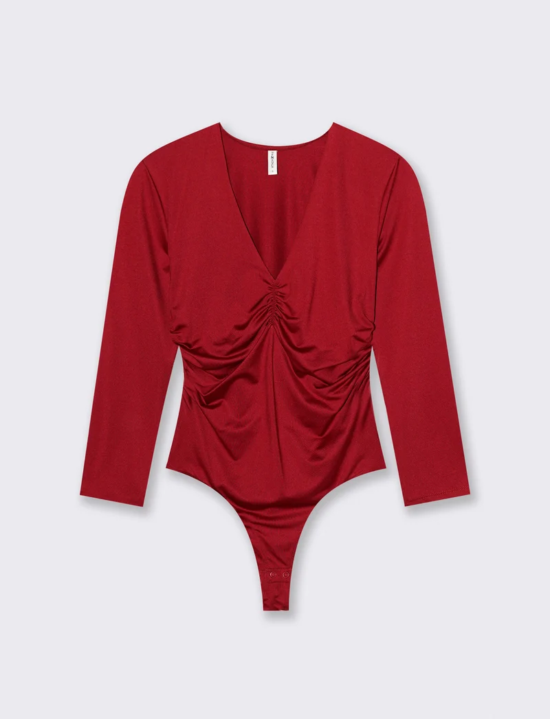 Body manica lunga scollo a V arricciato - Rosso india