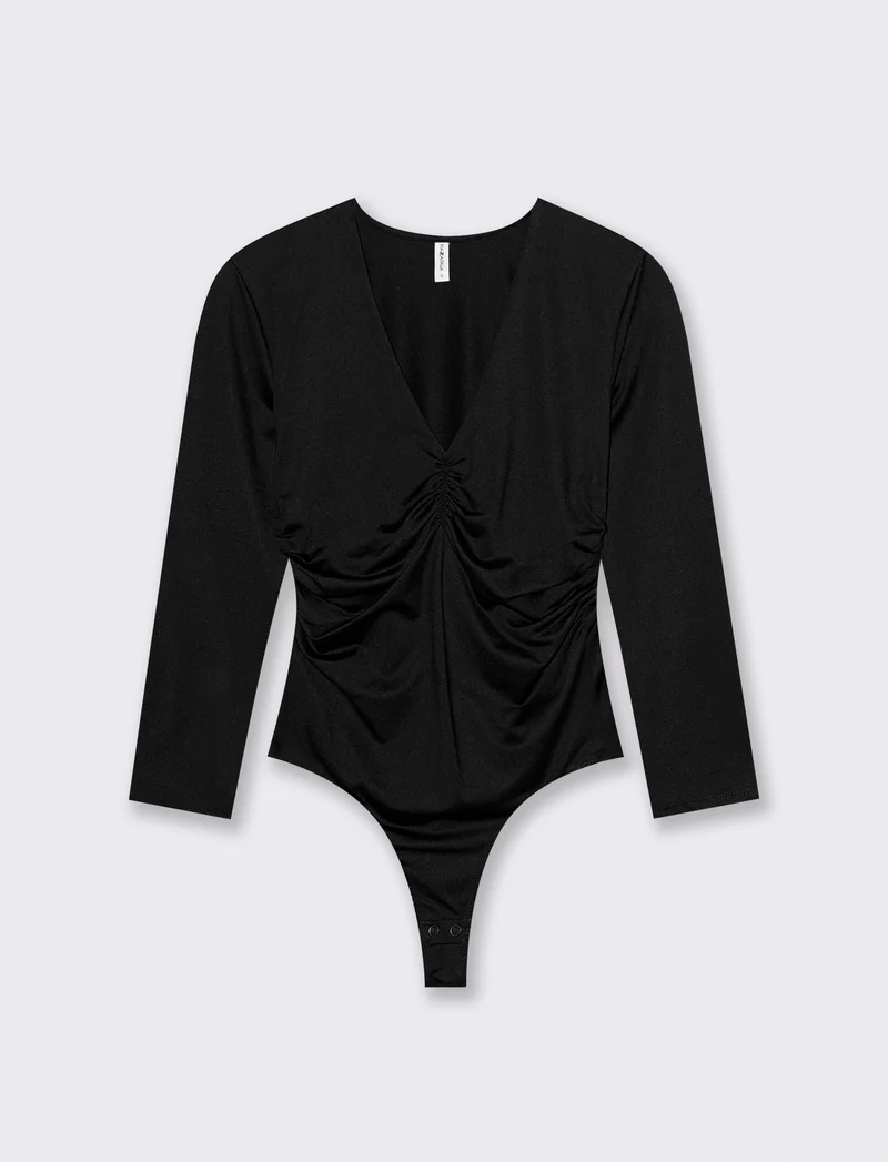 Body manica lunga scollo a V arricciato - Nero