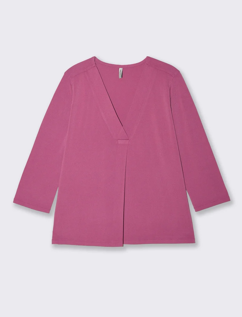 T-Shirt Scollo a V 3/4 Manica Comoda - Fuxia azalea