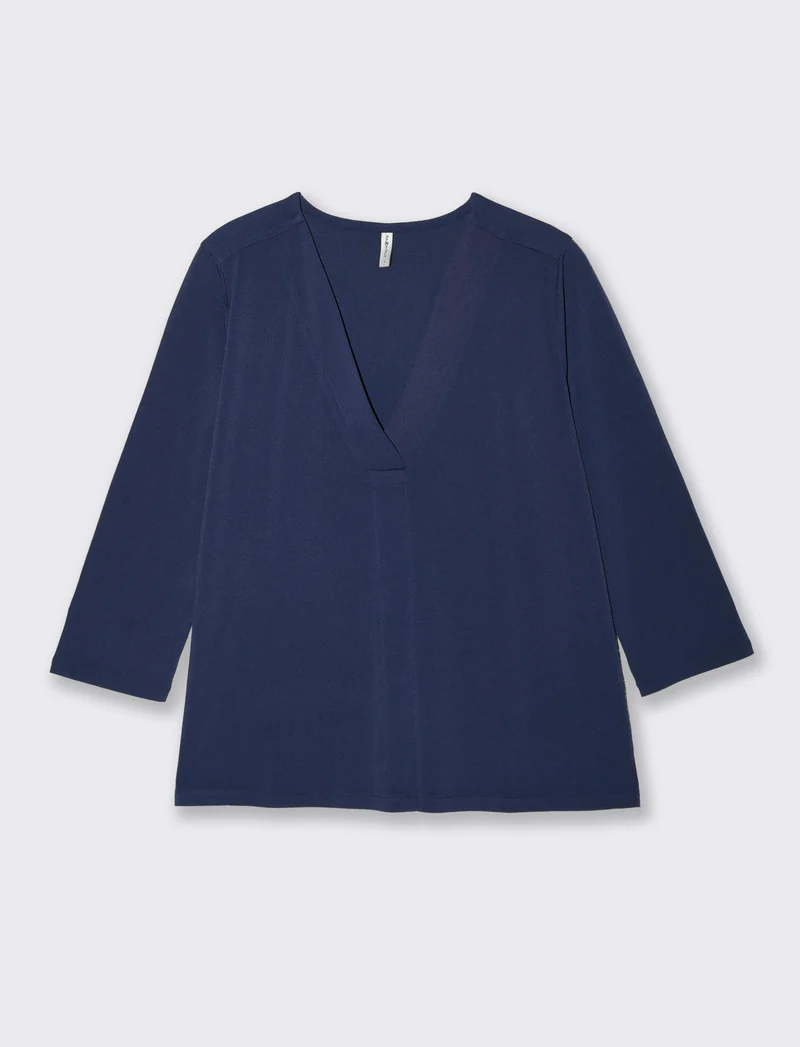 T-Shirt Scollo a V 3/4 Manica Comoda - Blu