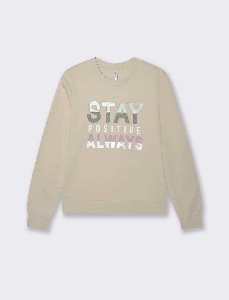 T-Shirt Manica Lunga con Stampa Frontale - Beige grano