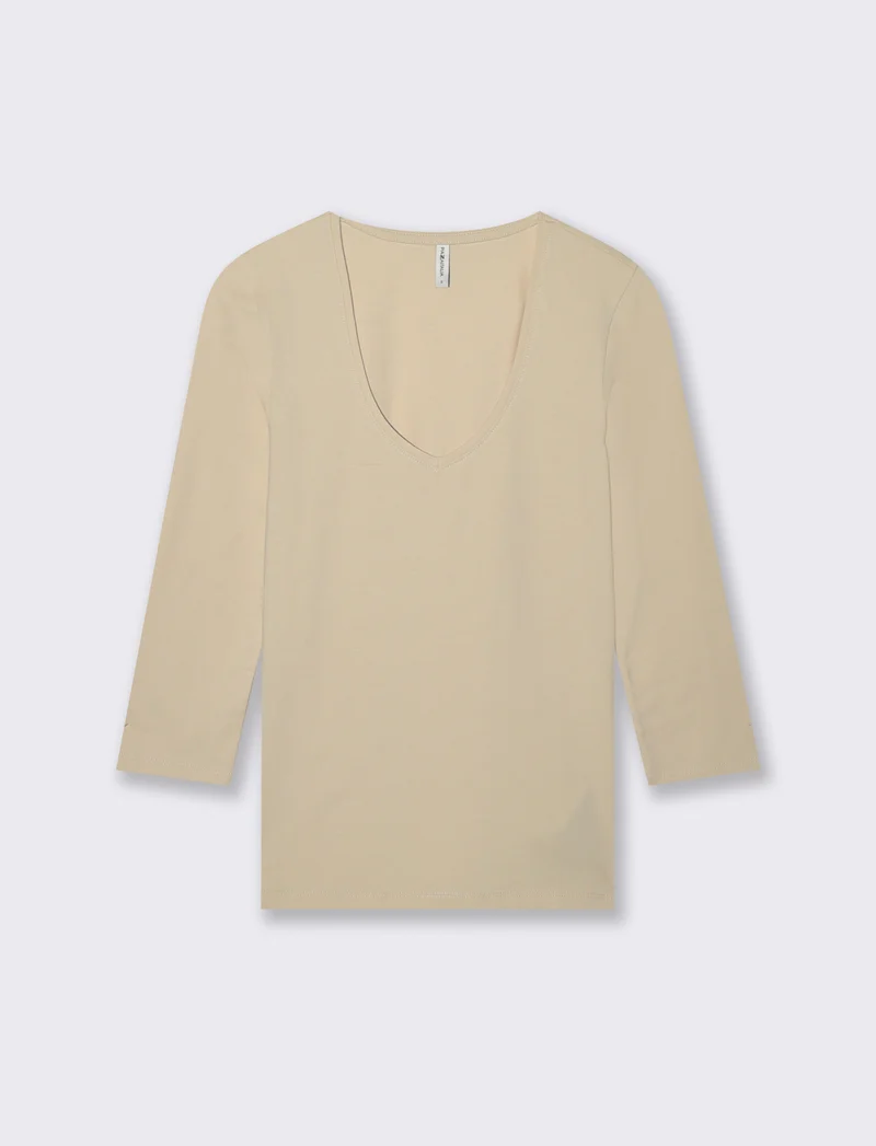T-Shirt Manica Lunga Scollo a V - Beige grano