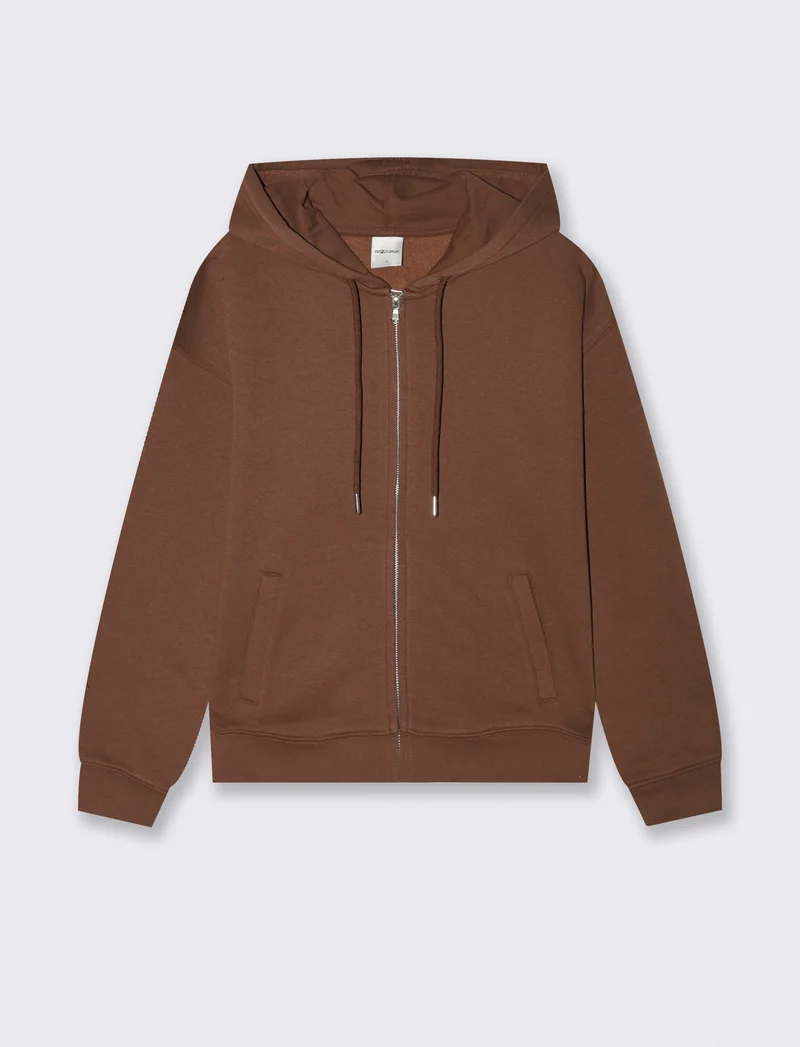 Felpa con cappuccio e zip lunga - Marrone cioccolato