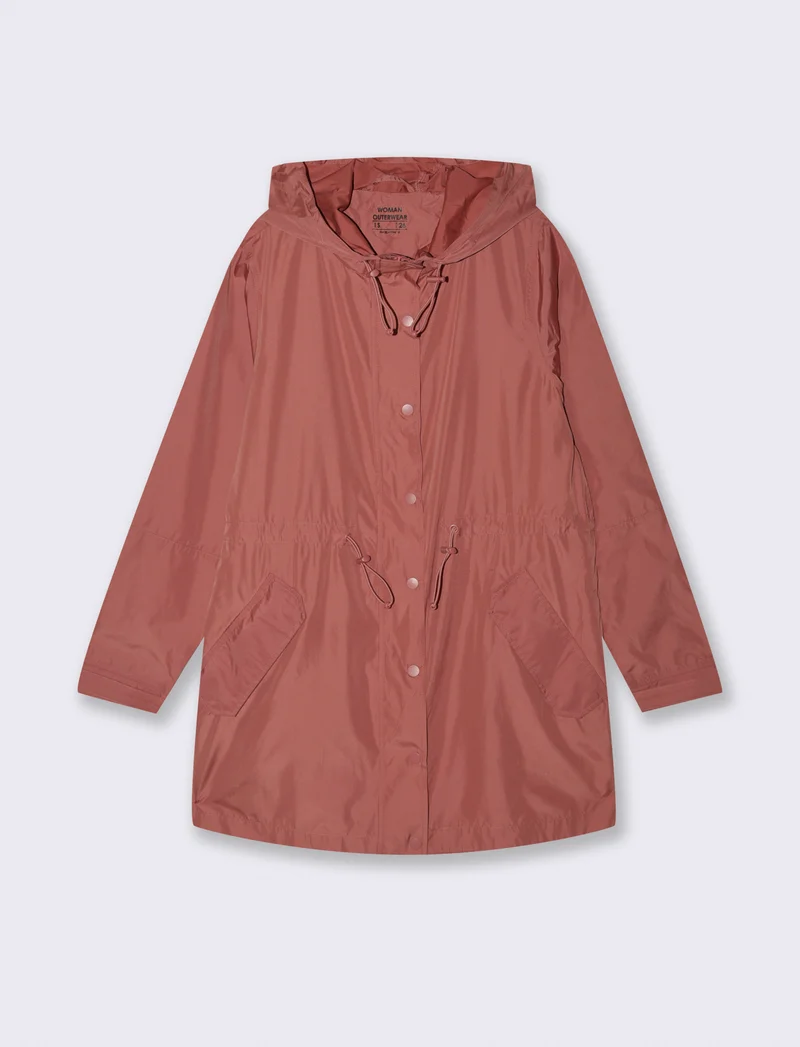Parka Ripiegabile con Cappuccio e Zip - Rosso mattone